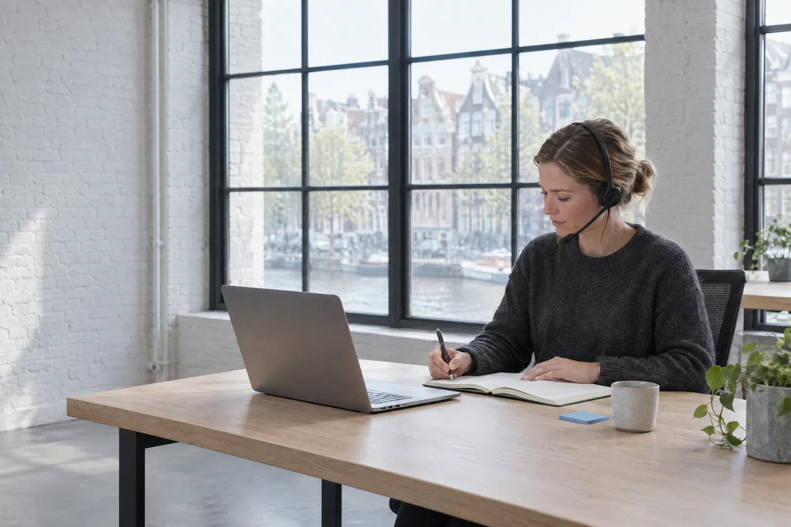 Een beller met headset aan haar bureau